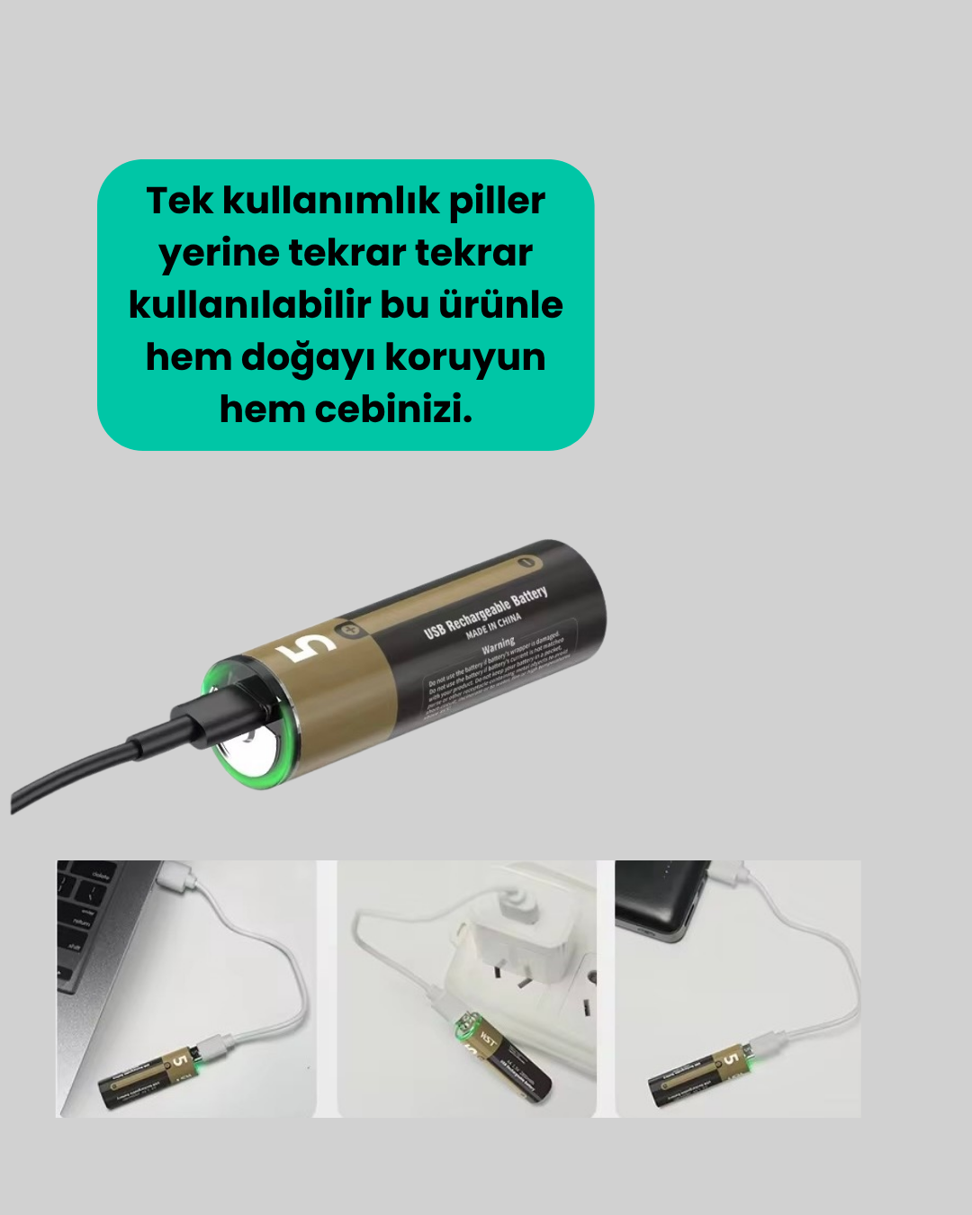 1.5V AA Şarjlı Lityum Pil | 1000+ Kez Şarj Edilebilir | Hızlı Type-C Şarj (2 Adet) - Görsel 3