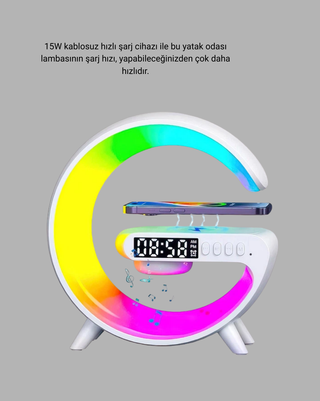 Kablosuz Şarjlı Atmosfer Lambası Bluetooth Hoparlör ve Akıllı Alarm Özellikli - Görsel 5